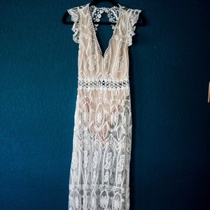 Backless White Lace Maxi Dress with Deep V